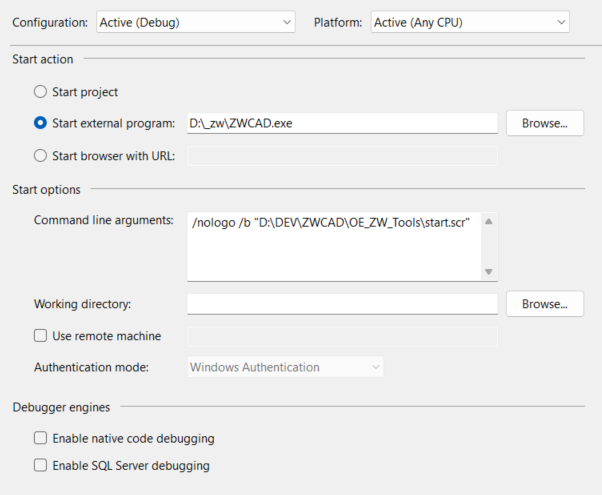 Configuration du debug Visual Studio 2022 avec lancement de ZWCAD.exe