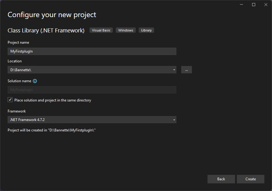 Sélection du .NET Framework 4.7.2 dans Visual Studio 2022