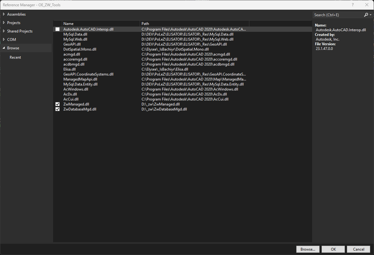 Ajout des références ZwManaged.dll et ZwDatabaseMgd.dll dans Visual Studio 2022